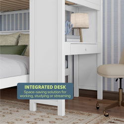 Multifunctional integrated desk with comfortable chair and modern lamp in a stylish bedroom, perfect for work and studying.