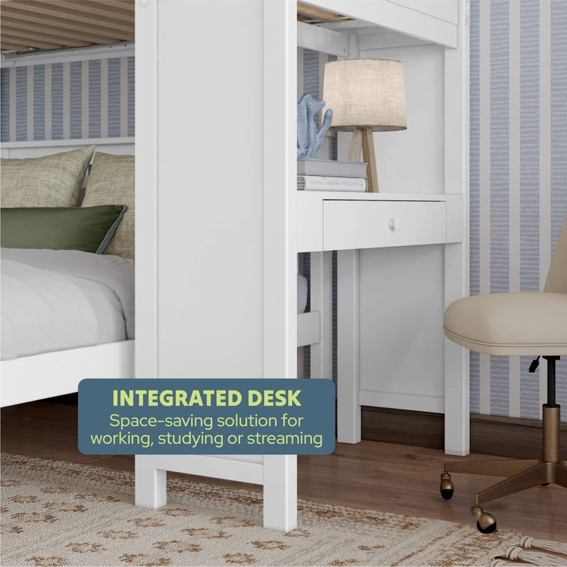 Multifunctional integrated desk with comfortable chair and modern lamp in a stylish bedroom, perfect for work and studying.