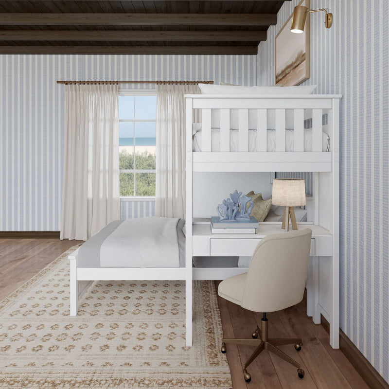 Stylish coastal bedroom with bunk bed and desk, featuring ocean view through window.