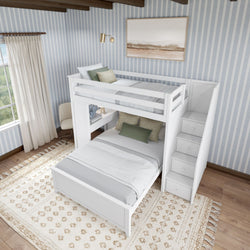 White twin loft bed with storage steps in a cozy bedroom with light blue striped wallpaper and decorative rug.