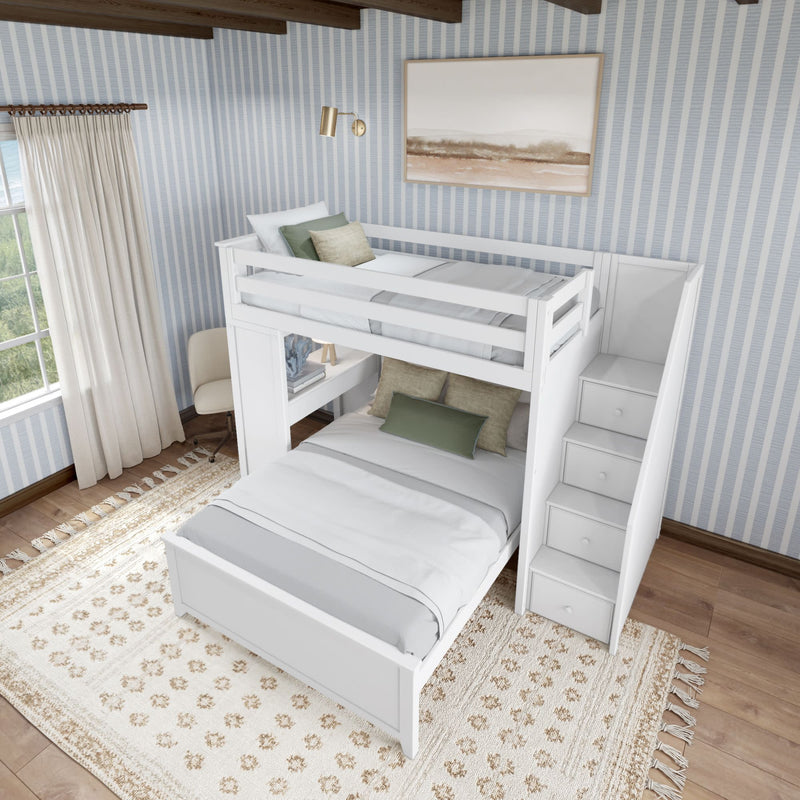 White twin loft bed with storage steps in a cozy bedroom with light blue striped wallpaper and decorative rug.
