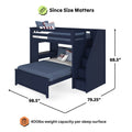 Navy twin-over-full bunk bed with staircase and built-in storage drawers, space-saving kids loft bed, dimensions 98.5 in L x 79.25 in W x 68.5 in H, 400 lb weight capacity per sleep surface