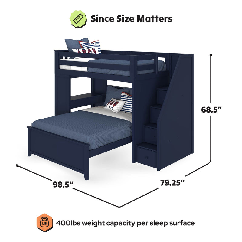 Navy twin-over-full bunk bed with staircase and built-in storage drawers, space-saving kids loft bed, dimensions 98.5 in L x 79.25 in W x 68.5 in H, 400 lb weight capacity per sleep surface
