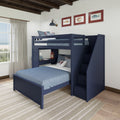Stylish navy blue bunk bed with stairs in a modern coastal-themed bedroom featuring ocean view through window.