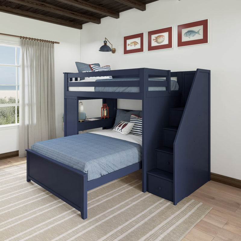 Stylish navy blue bunk bed with stairs in a modern coastal-themed bedroom featuring ocean view through window.