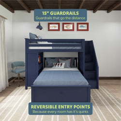 Navy blue bunk bed with 15-inch guardrails and reversible entry points for versatile room design.