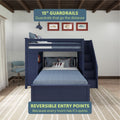 Navy blue bunk bed with 15-inch guardrails and reversible entry points for versatile room design.