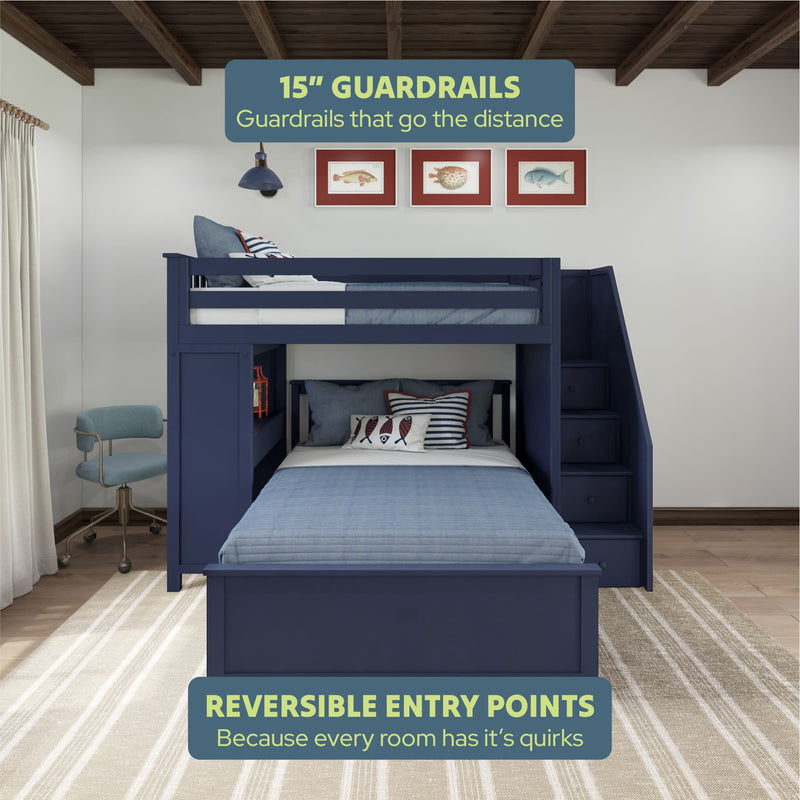 Navy blue bunk bed with 15-inch guardrails and reversible entry points for versatile room design.