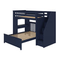 Blue wooden bunk bed with integrated storage drawers and staircase, perfect for maximizing space in kids' bedrooms.