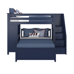 Navy blue twin over full bunk bed with stairs and storage, featuring nautical-themed bedding.