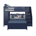 Navy blue twin over full bunk bed with stairs and storage, featuring nautical-themed bedding.