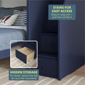 Blue bed with built-in stairs and hidden storage drawers for easy access and space-saving solutions.