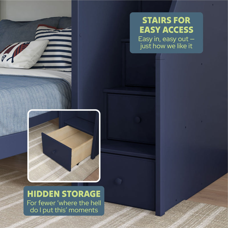 Blue bed with built-in stairs and hidden storage drawers for easy access and space-saving solutions.
