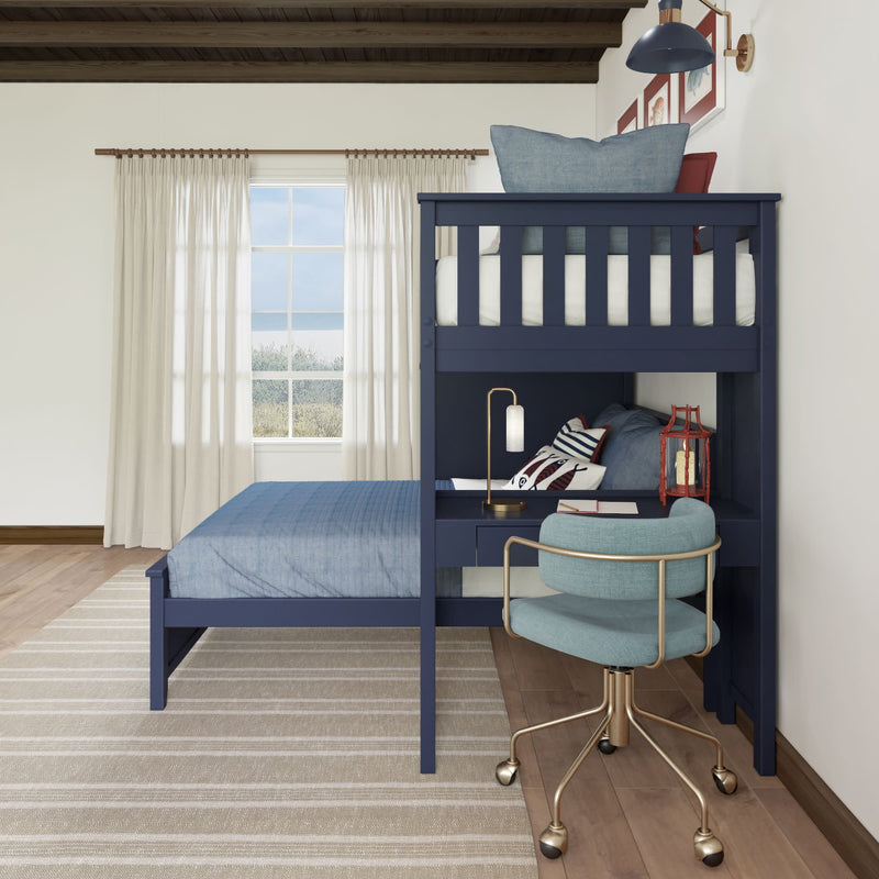 Stylish modern bedroom with navy loft bed and desk, featuring a light blue chair and cozy window view.