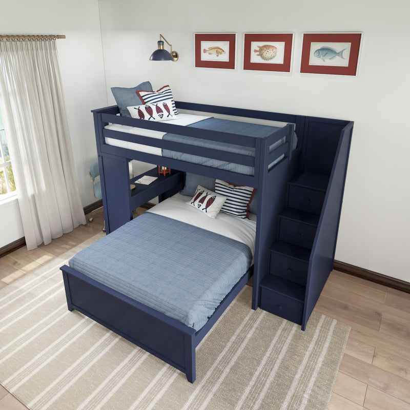 Blue bunk bed with stairs, featuring nautical-themed bedding, in a bright bedroom with artwork and natural light.