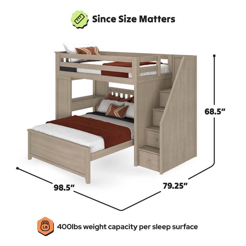 Light gray twin-over-full bunk bed with built-in staircase storage drawers, space-saving wood frame for kids and teens, modern finish, dimensions 98.5 in L x 79.25 in W x 68.5 in H, 400 lb weight capacity per sleep surface