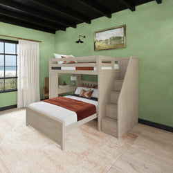 L-shaped loft bed with wooden finish in green bedroom featuring stairs and storage drawers.