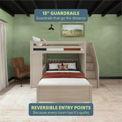 Bunk bed with 15-inch guardrails and reversible entry points in a stylish bedroom setting.
