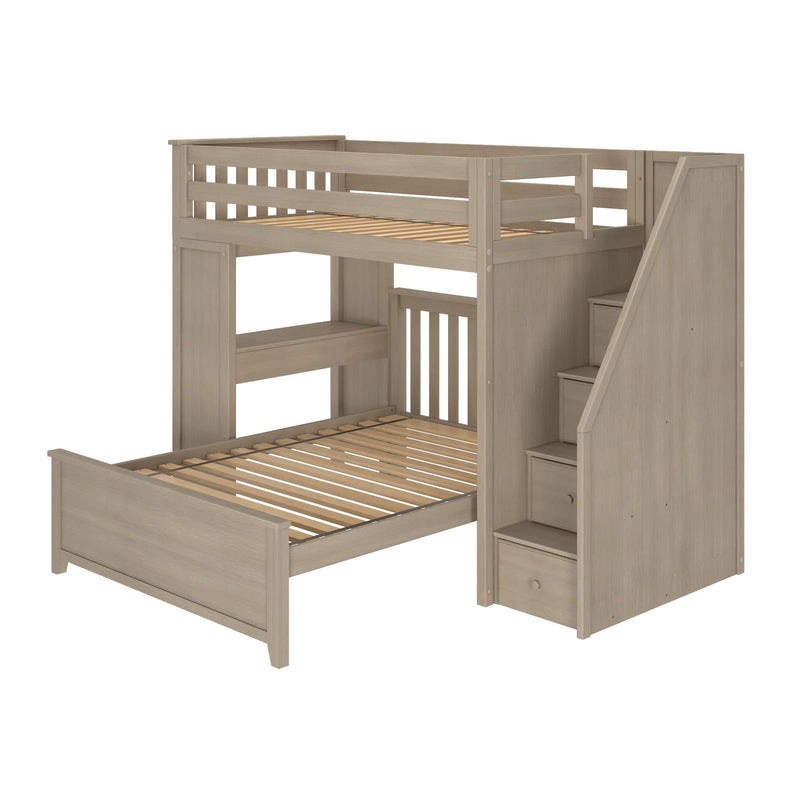 Wooden loft bed with stairs and storage drawers, perfect for maximizing space in a children's bedroom.