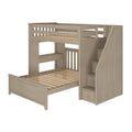 Wooden loft bed with stairs and storage drawers, perfect for maximizing space in a children's bedroom.