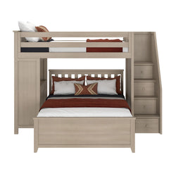 Modern loft bunk bed with integrated storage steps and dual bedding, perfect for maximizing bedroom space.