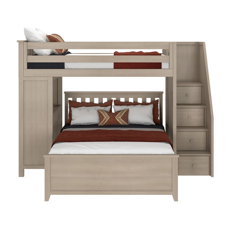 Modern loft bunk bed with integrated storage steps and dual bedding, perfect for maximizing bedroom space.