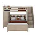 Modern loft bunk bed with integrated storage steps and dual bedding, perfect for maximizing bedroom space.