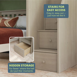 Bunk bed with integrated staircase storage solution for easy access and organization.