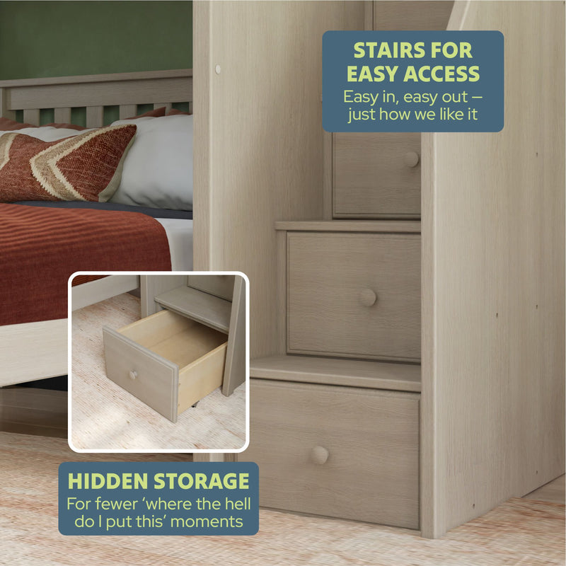 Bunk bed with integrated staircase storage solution for easy access and organization.