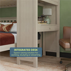 Space-saving integrated desk with storage, ideal for work, study, or streaming, next to a comfortable chair.