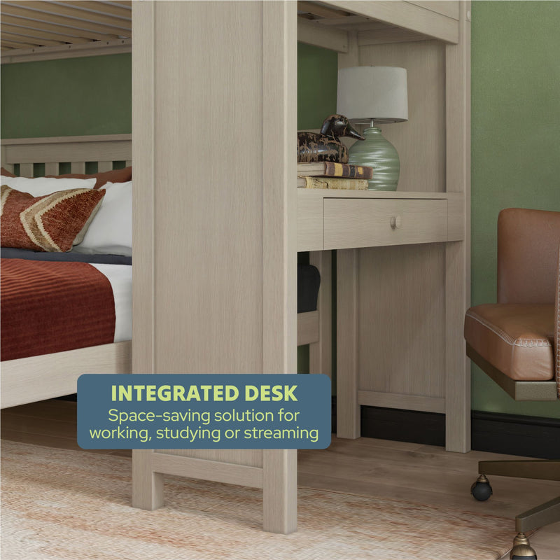 Space-saving integrated desk with storage, ideal for work, study, or streaming, next to a comfortable chair.