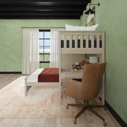 Loft bed with built-in desk and leather chair in modern green room.