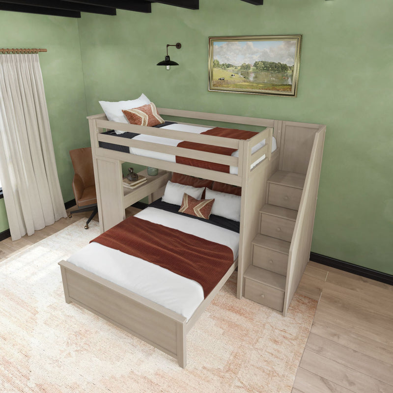 Loft bed with stairs and desk in a modern green bedroom featuring stylish bedding and decor.