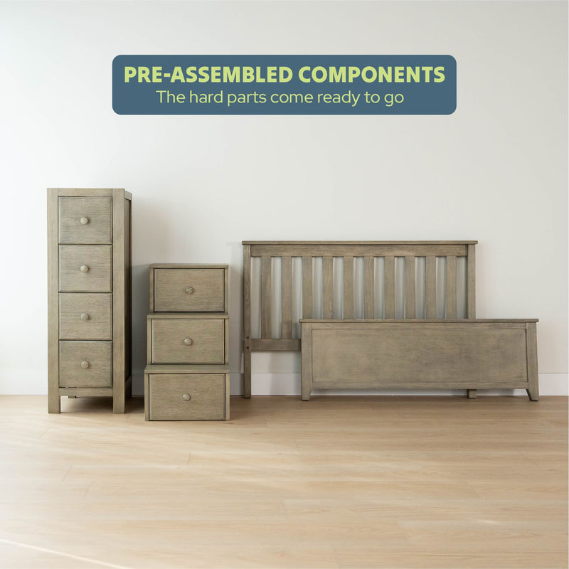 Pre-assembled bedroom furniture set with chest of drawers, nightstand, and bed frame.