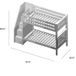 Wooden bunk bed with stairs and dimensions 68.5 inches tall, 81.5 inches long, and 42.5 inches wide.