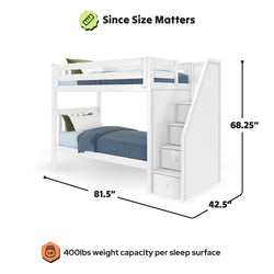 White wooden twin-over-twin bunk bed with staircase storage drawers and guardrails, 81.5 in L x 42.5 in D x 68.25 in H, 400 lb weight capacity per sleep surface, modern kids bedroom furniture