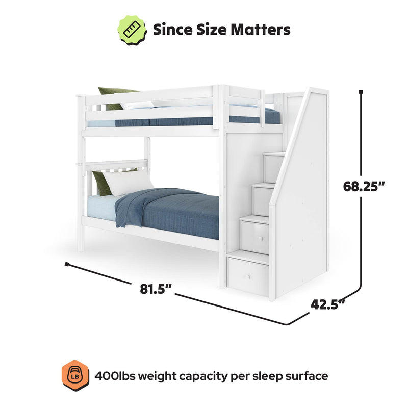 White wooden twin-over-twin bunk bed with staircase storage drawers and guardrails, 81.5 in L x 42.5 in D x 68.25 in H, 400 lb weight capacity per sleep surface, modern kids bedroom furniture