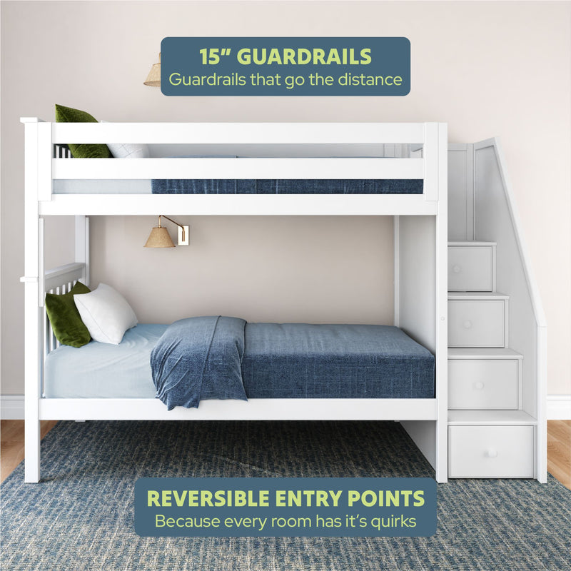 White bunk bed with 15-inch guardrails and reversible entry stairs, highlighting safety and versatility in bedroom furniture design.