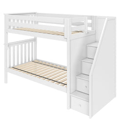 White wooden bunk bed with storage stairs and built-in drawers for children's bedroom.