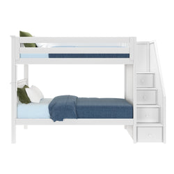 White wooden bunk bed with blue bedding and side storage steps, perfect for kids' rooms.