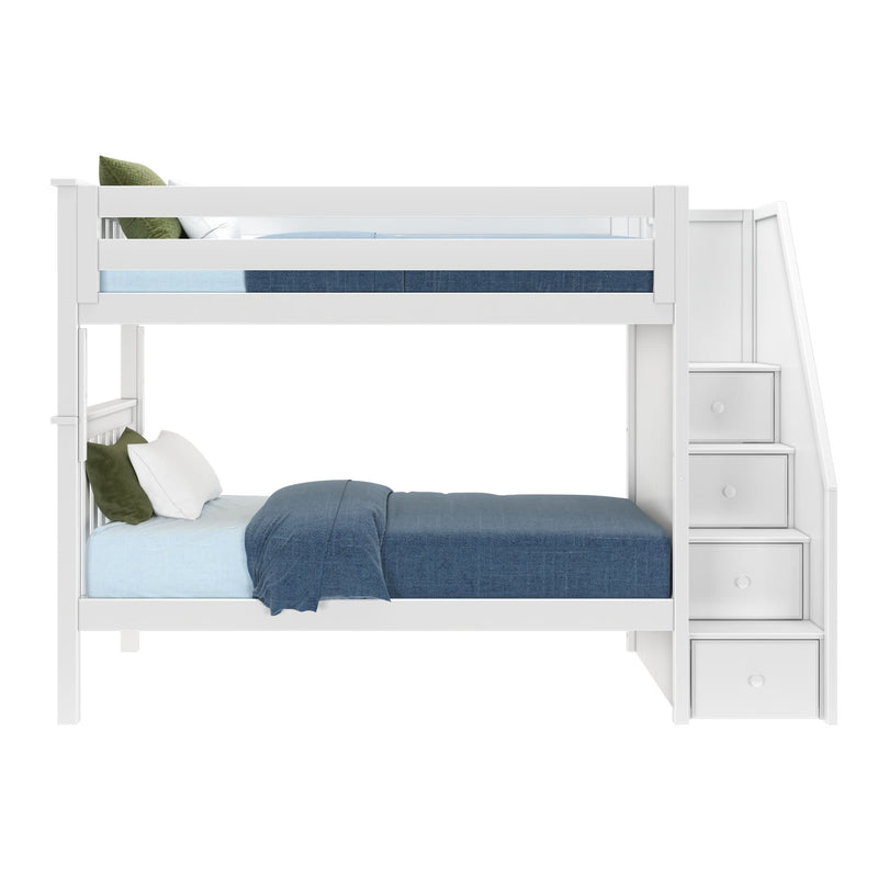 White wooden bunk bed with blue bedding and side storage steps, perfect for kids' rooms.