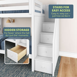 White bunk bed with built-in stair drawers for hidden storage, ideal for optimizing small bedroom spaces.