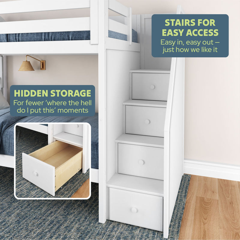 White bunk bed with built-in stair drawers for hidden storage, ideal for optimizing small bedroom spaces.
