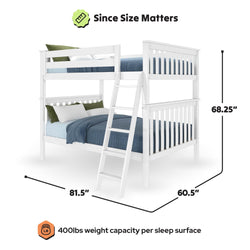 White wooden twin-over-full bunk bed with angled ladder and slatted headboards, 81.5 in L x 60.5 in W x 68.25 in H, space-saving design and 400 lb weight capacity per sleep surface