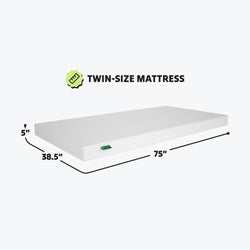 Twin-size mattress with dimensions 38.5 inches by 75 inches and 5 inches thick, suitable for compact sleeping spaces.
