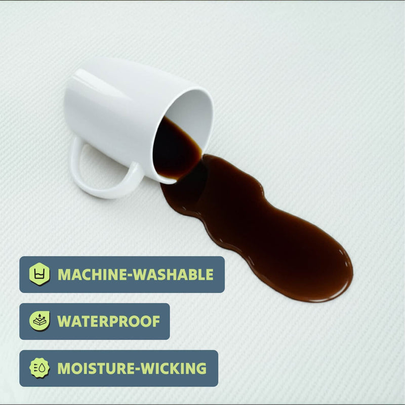 White mug spilling dark liquid on machine-washable, waterproof, moisture-wicking surface.