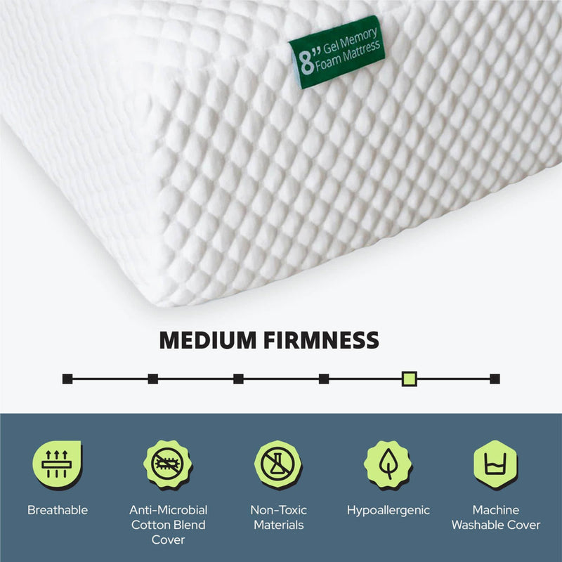 8-inch gel memory foam mattress with medium firmness, featuring breathable, anti-microbial cotton blend cover, non-toxic materials, hypoallergenic properties, and machine washable cover.
