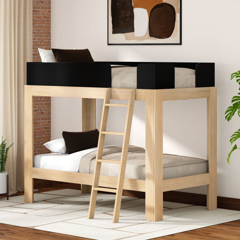 Light wood loft bunk bed with ladder and black safety rails, twin-over-twin space-saving bunk bed for kids and teens, modern minimalist bedroom furniture with neutral bedding and indoor plant