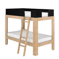 Natural wood twin loft bunk bed with ladder and black safety rails, space‑saving children's bedroom furniture with twin mattresses