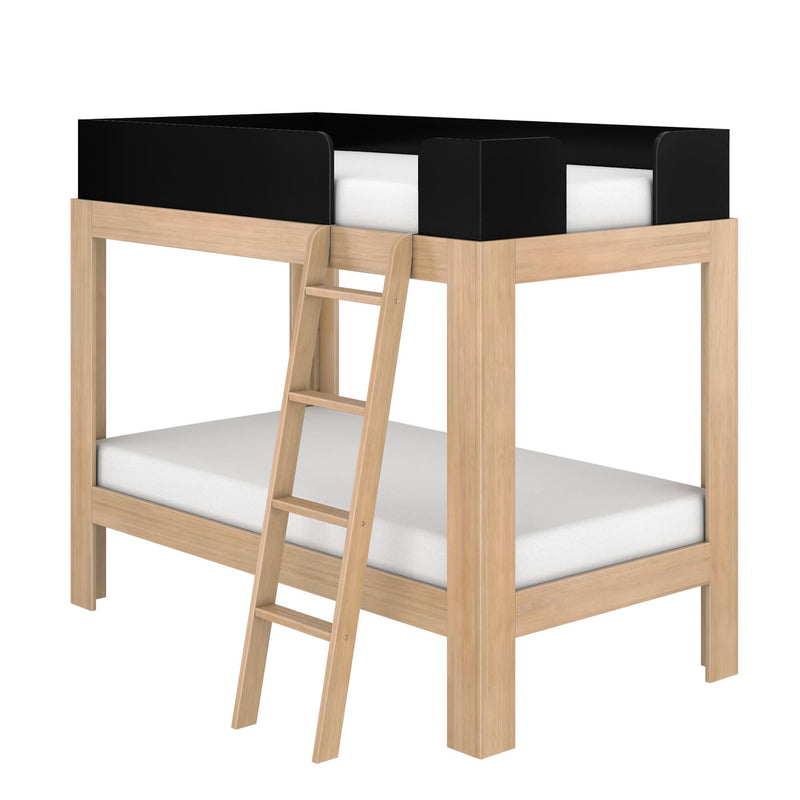 Natural wood twin loft bunk bed with ladder and black safety rails, space‑saving children's bedroom furniture with twin mattresses
